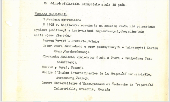 Wymiana zagraniczna – wyciąg ze sprawozdania dotyczącego działalności Biblioteki MIWiOWI UJ z 1974 r. 